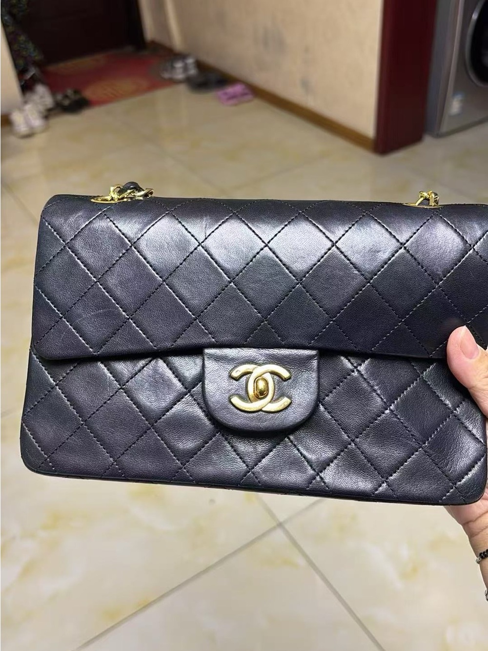CHANEL Black Quilted Lambskin Shoulder Bag with Gold Hardware